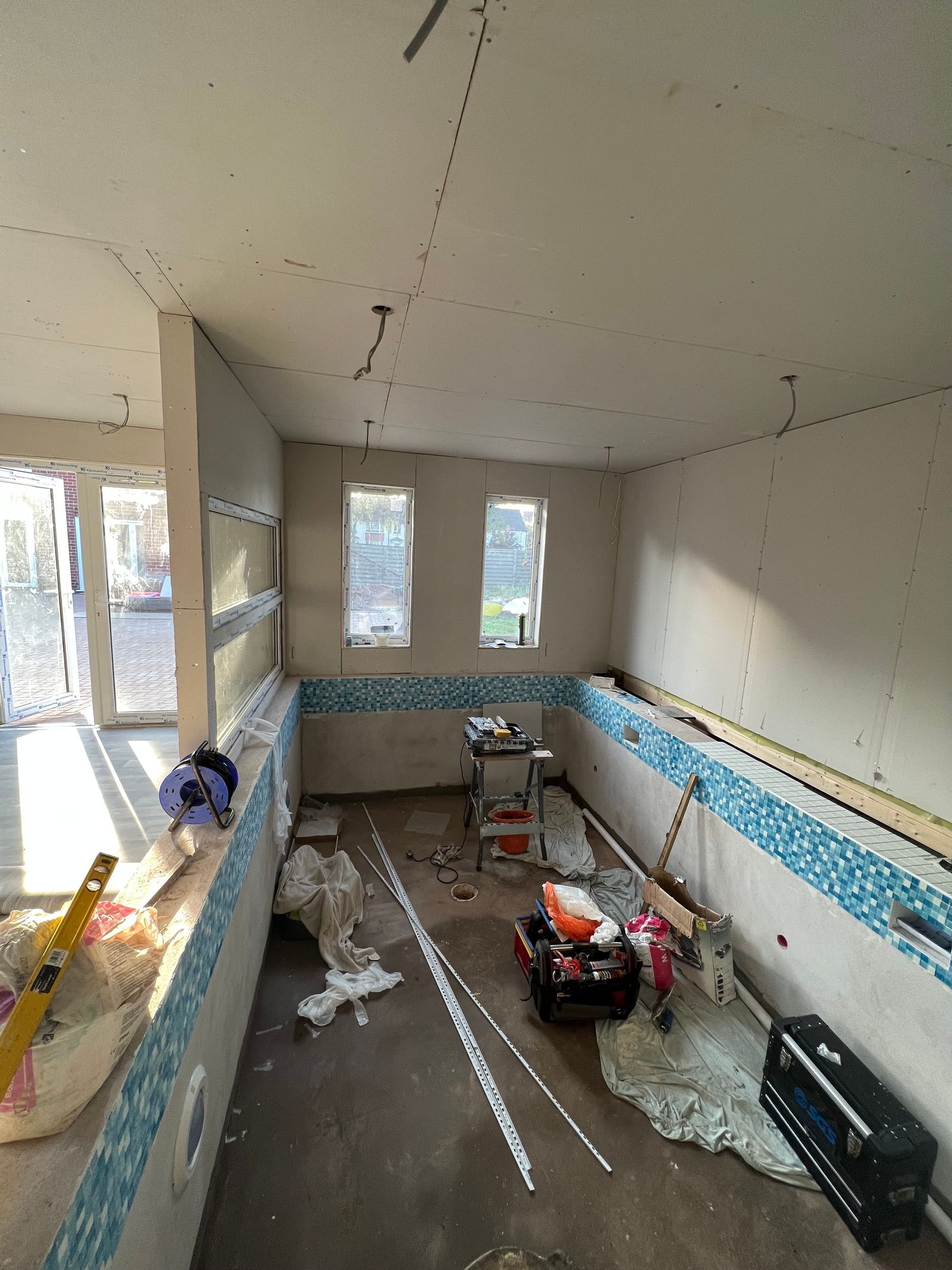 Installation of tiles in a dog hydrotherapy pool.